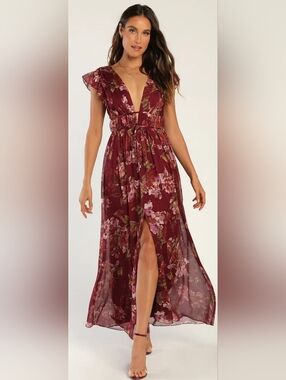 I'm All Yours Burgandy Floral Print Ruffled Maxi Dress